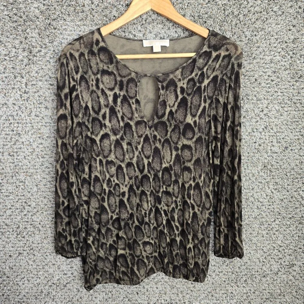 Michael Kors Top Womens Medium Green Animal Print Keyhole Neck‎ Semi Sheer Tee